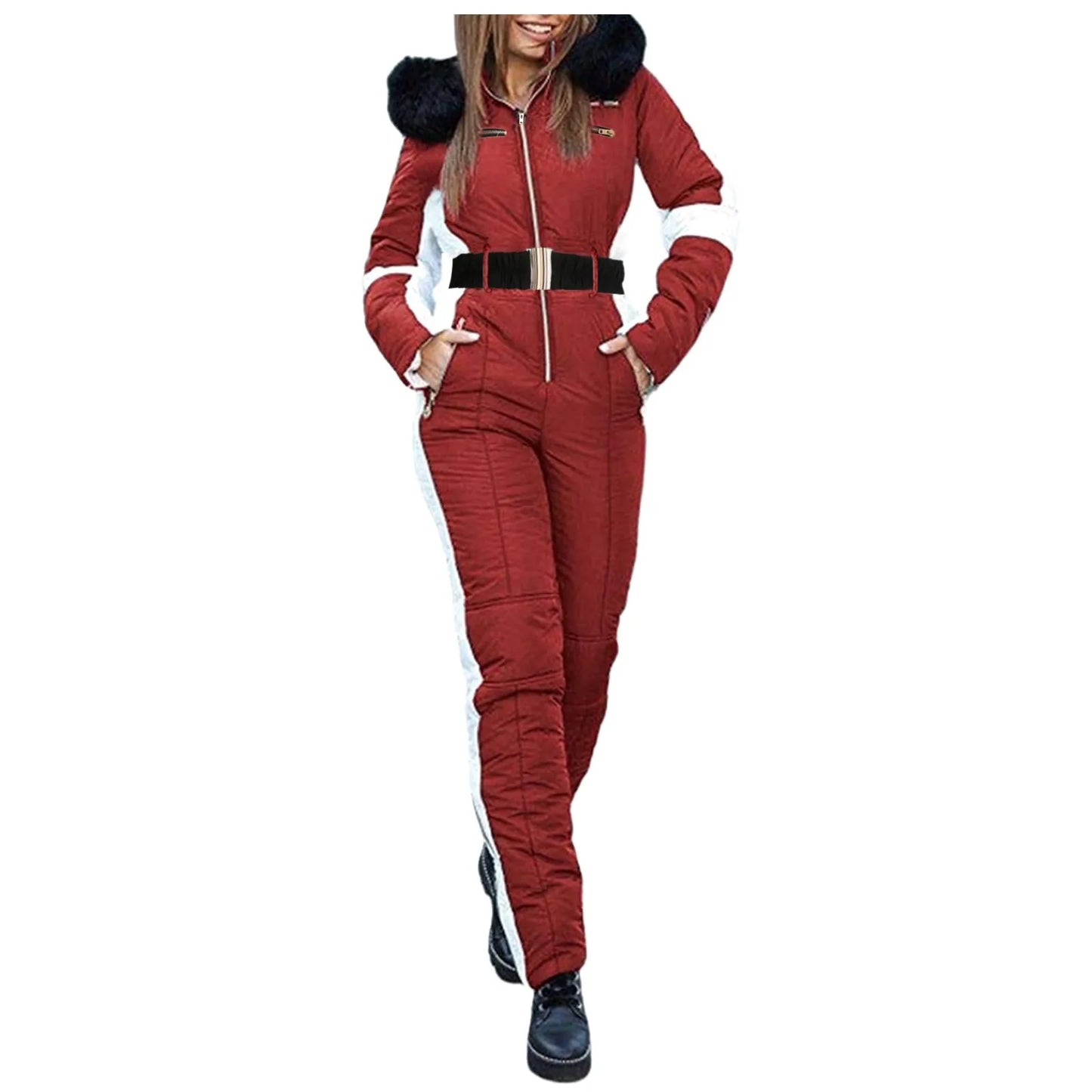 Women One-Piece Ski Suit Winter Snowboard Jumpsuit Waterproof Windproof Thicken Hooded Outdoor Sport Wear For Mountain Hiking