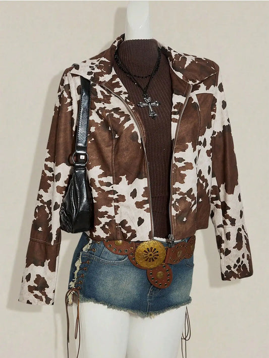 Women's Western Cow Print Zip-Up Jacket