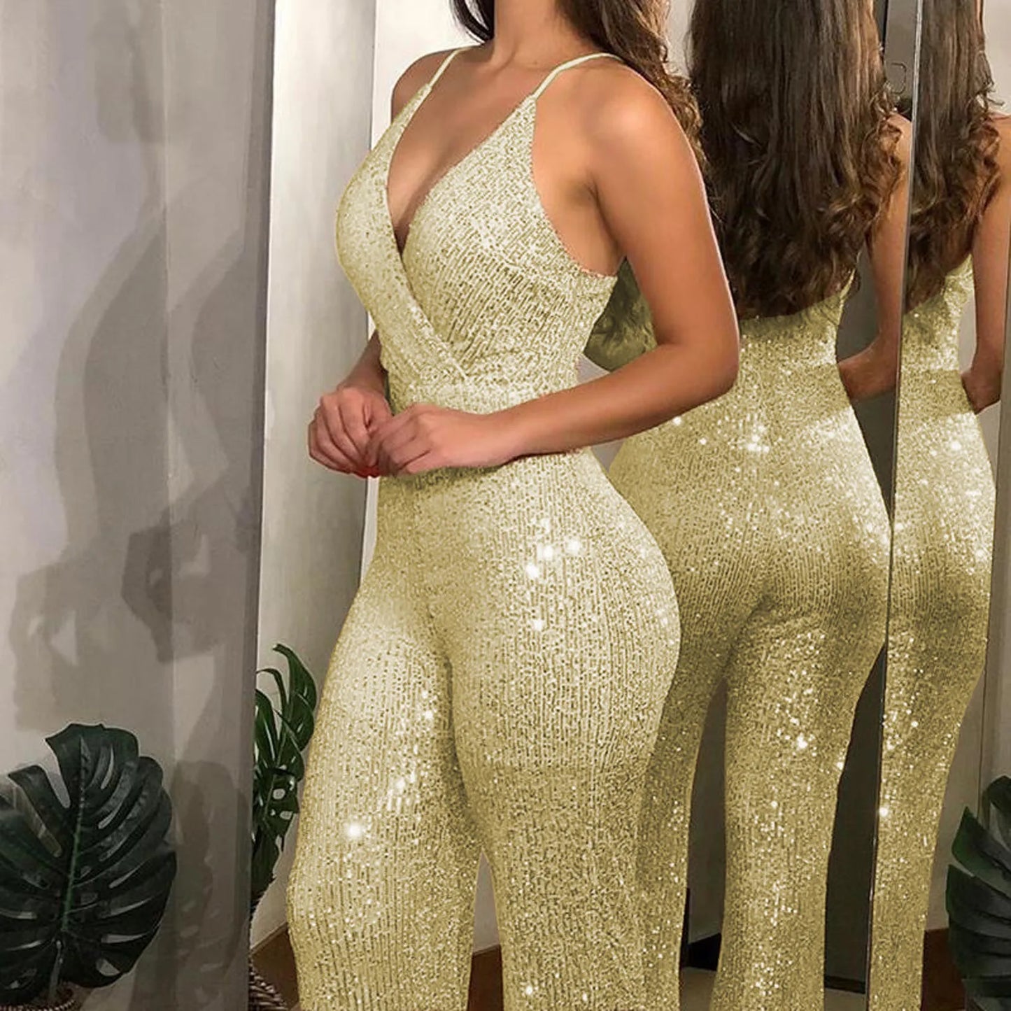Women One-Piece Sleeveless Deep V-Neck Jumpsuit