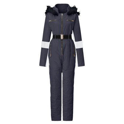 Women One-Piece Ski Suit Winter Snowboard Jumpsuit Waterproof Windproof Thicken Hooded Outdoor Sport Wear For Mountain Hiking