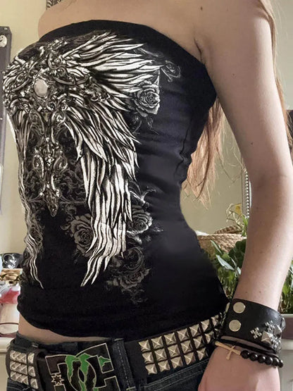 Gothic Print Black Tube Top Women Strapless Skinny Cropped