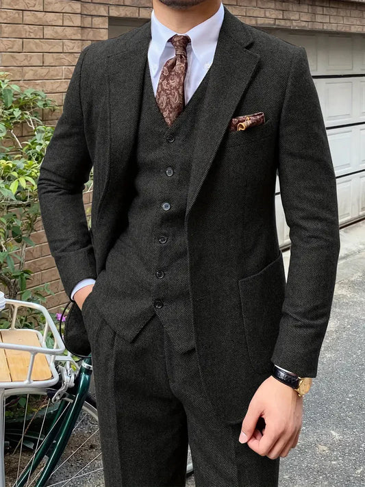 Elegant 3pcs Men's Tweed Suits Wool Blend