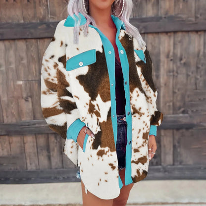 Winter Plush Coat For Women Patchwork Cow Stripe Printed Lapel Neck Full Zip Long Sleeve Casual Warm Coats Loose Jackets