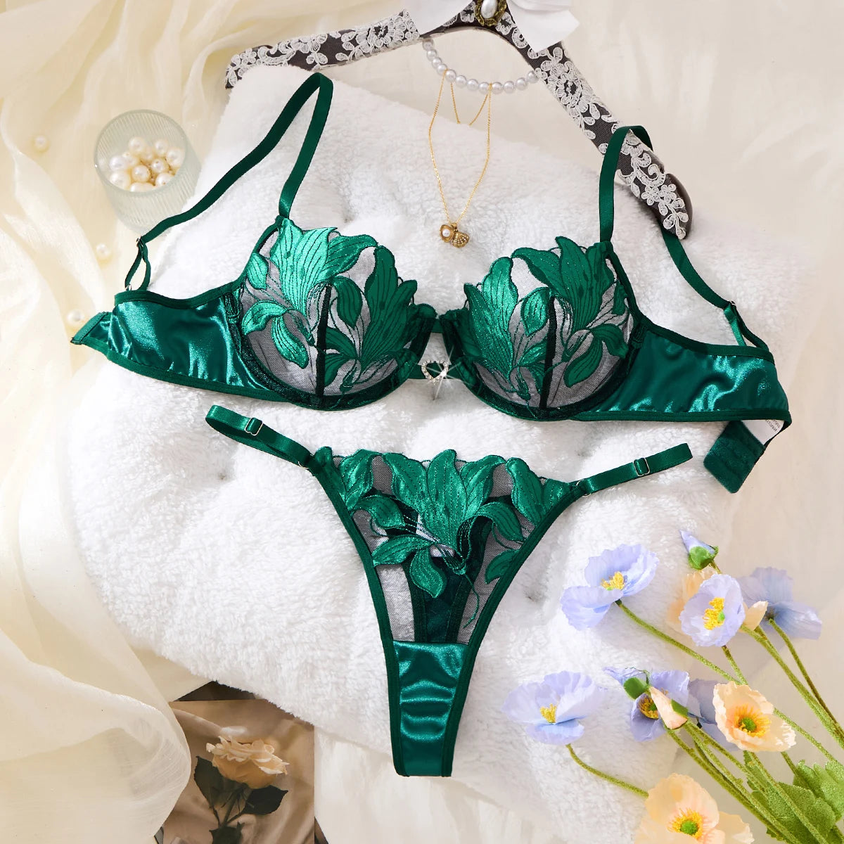 Embroidered Print Pajama Set Women, Sexy Bra