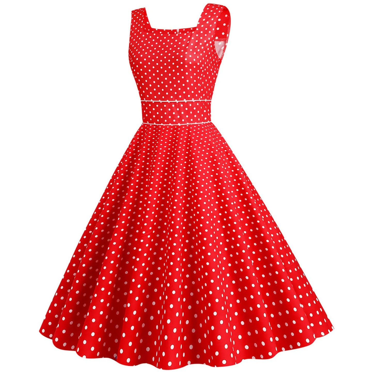 Women Vintage 1950s Retro Dress Sleeveless Dot Print Square Neck Waist In A-Line Evening Party Dress Gown Prom Swing Dresses
