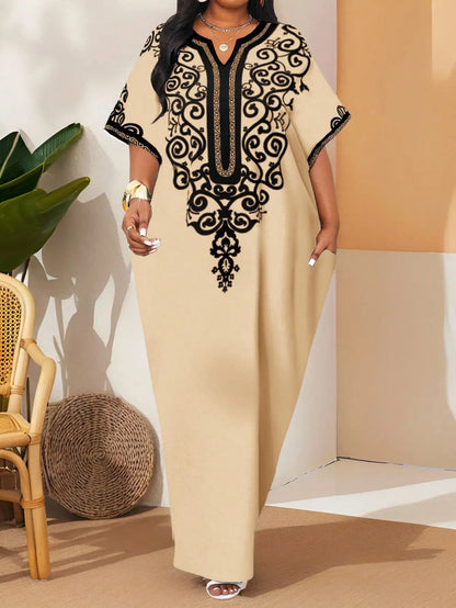 Women's White Kaftan Dress with Black Embroidery