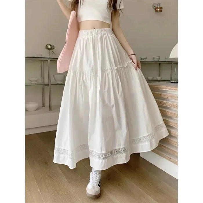 White Lace Splicing High Waist Elastic A- Line Midi Skirt