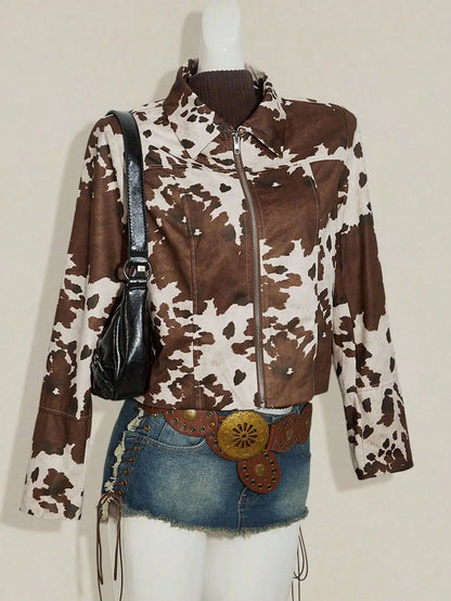 Women's Western Cow Print Zip-Up Jacket