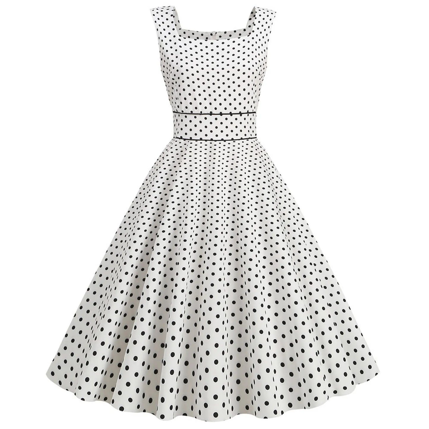 Women Vintage 1950s Retro Dress Sleeveless Dot Print Square Neck Waist In A-Line Evening Party Dress Gown Prom Swing Dresses