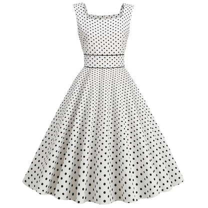 Women Vintage 1950s Retro Dress Sleeveless Dot Print Square Neck Waist In A-Line Evening Party Dress Gown Prom Swing Dresses