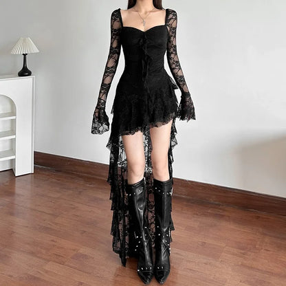 Goth Dark Fairy Core Lace Flare Sleeve Square Neck A-line