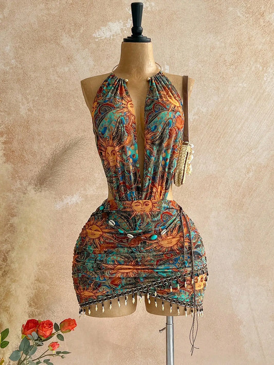 Boho Sun Print Halter Neck Mini Dress