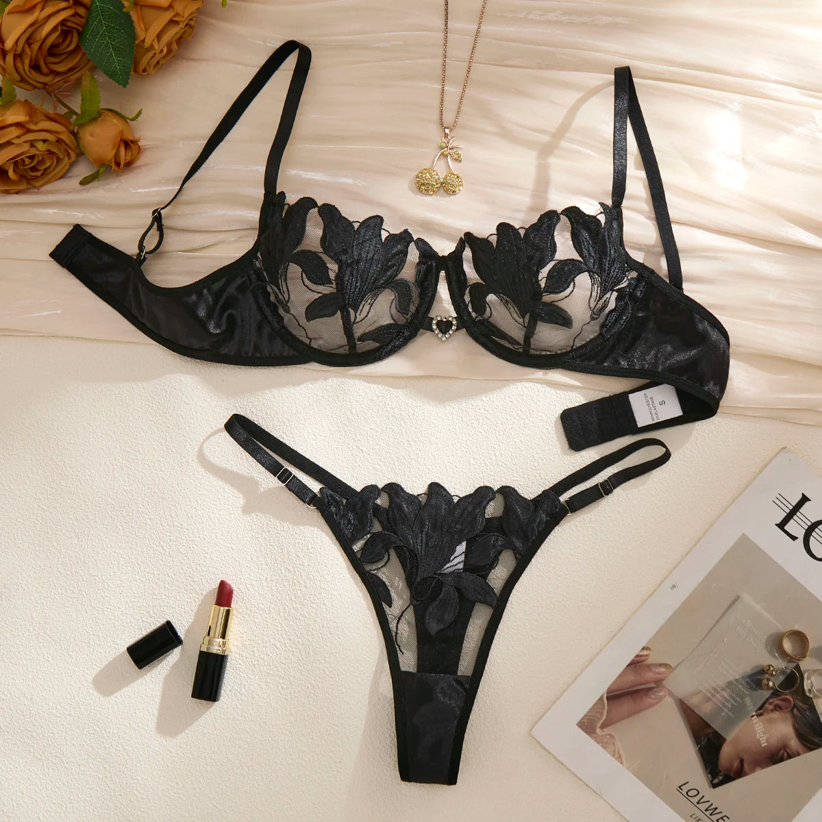 Embroidered Print Pajama Set Women, Sexy Bra