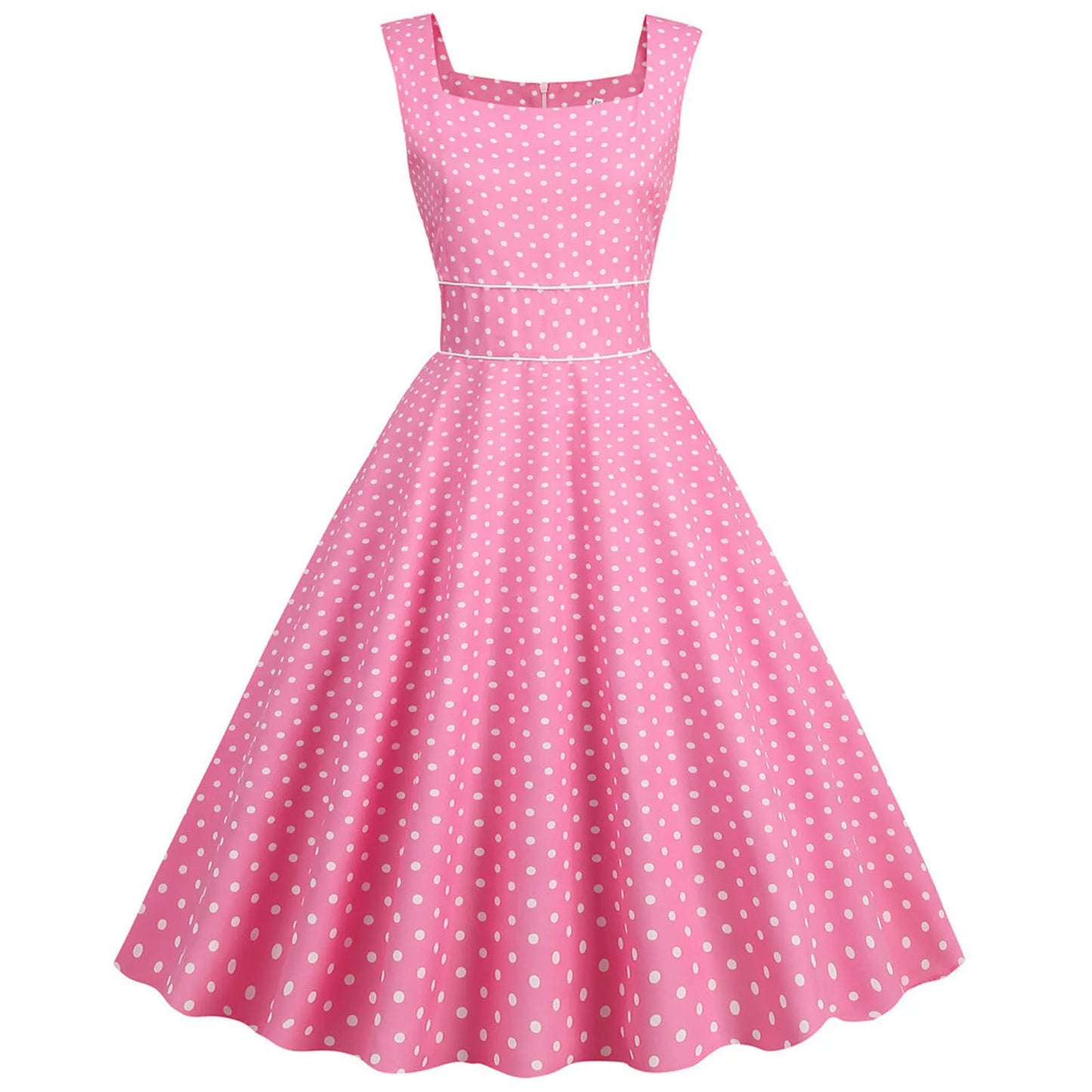 Women Vintage 1950s Retro Dress Sleeveless Dot Print Square Neck Waist In A-Line Evening Party Dress Gown Prom Swing Dresses