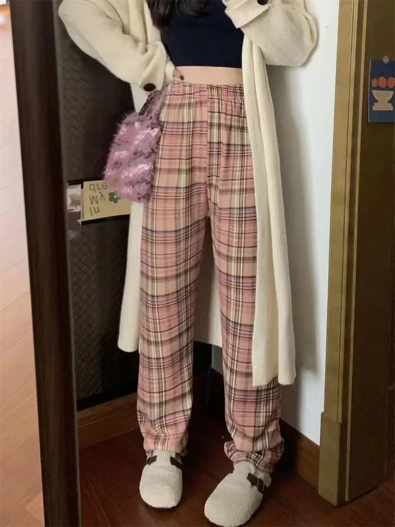 Fashion Warm Plush Pants Cashmere Thick Plaid Ladies Winter Casual