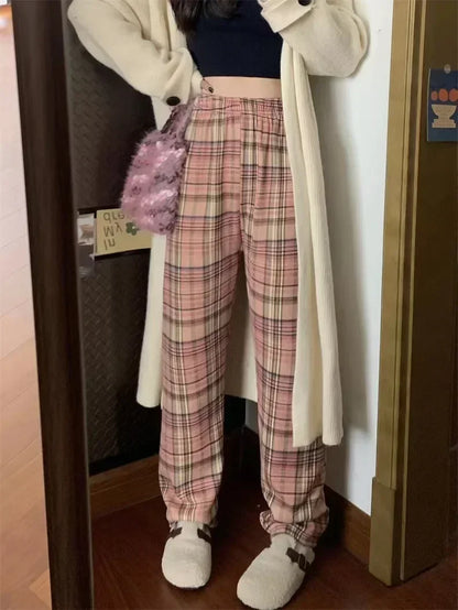 Fashion Warm Plush Pants Cashmere Thick Plaid Ladies Winter Casual