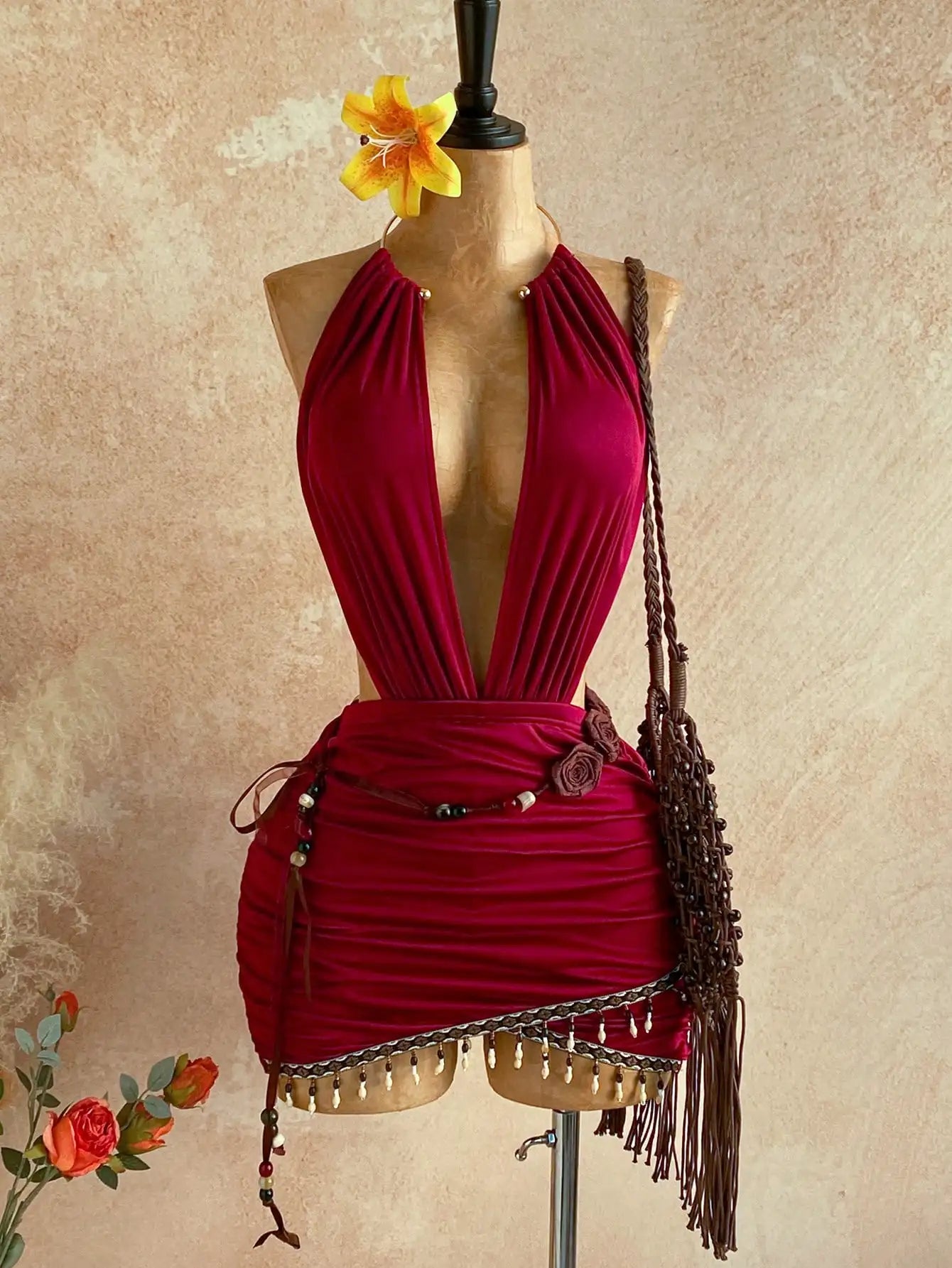 Boho Sun Print Halter Neck Mini Dress