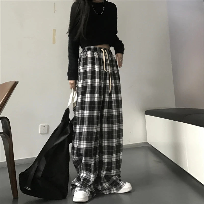 Oversize Women Sweatpants Fashion Black Plaid Casual