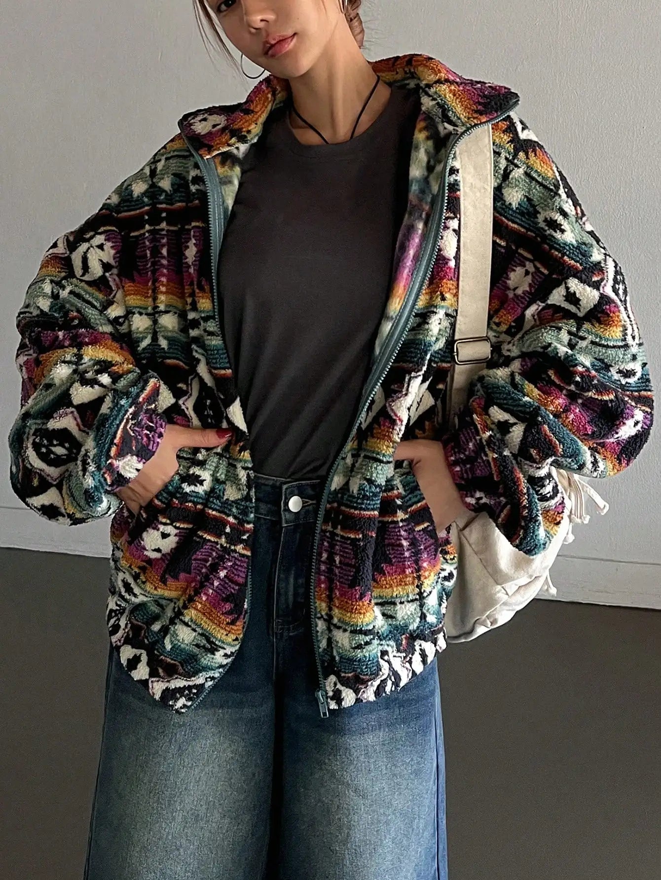 Boho Print Fuzzy Zip-Up Jacket for Women