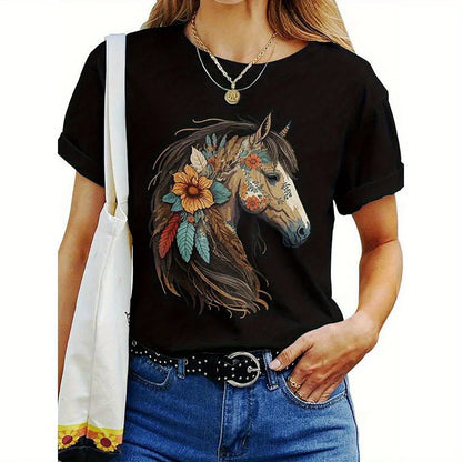 Women's Western Horse Graphic T-Shirt - Stylish Round Neck Tee with Vibrant Floral Horse Design,Perfect for Equestrians,Cowgirls