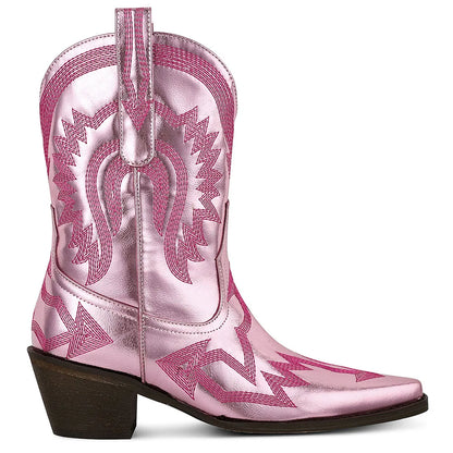 Women's Metallic Cowboy Boots Embroider Pointed Toe