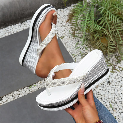 Women'S High Heel Wedge Sandals Platform Fashionable Flip Flops Decoration Rhinestones Popular Among Girls Bohemian Slippers