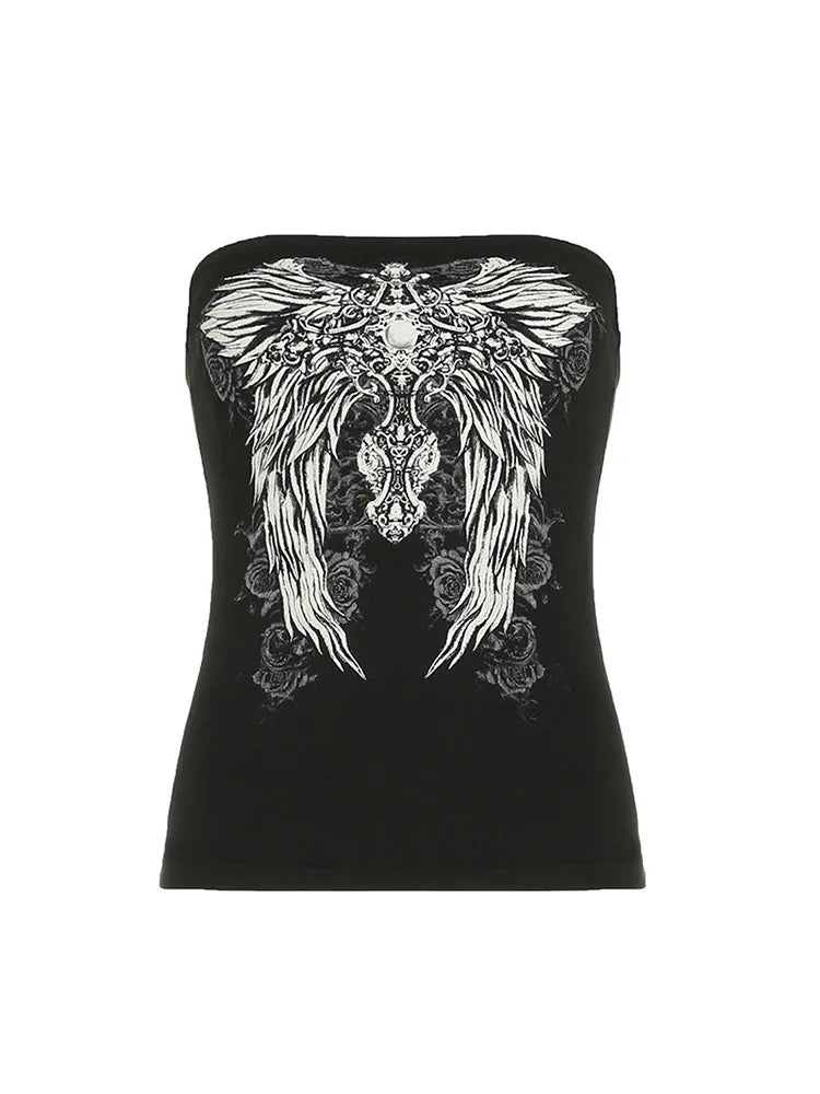 Gothic Print Black Tube Top Women Strapless Skinny Cropped