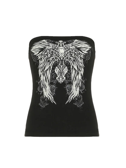 Gothic Print Black Tube Top Women Strapless Skinny Cropped
