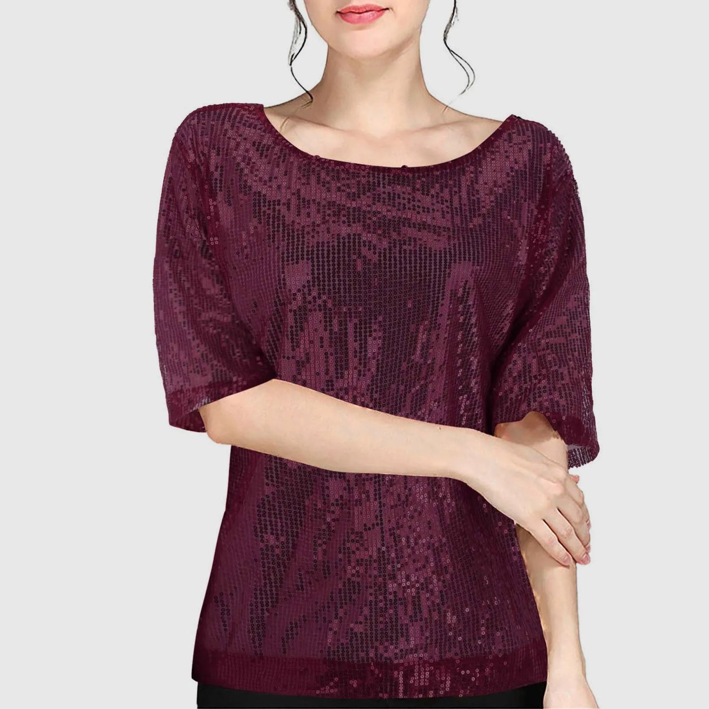 Women's Sequins T Shirts Solid Color Round Neck Shirts Short Sleeve Sparking Blouse Ladies Fashion Casual Party Nightclub Tops