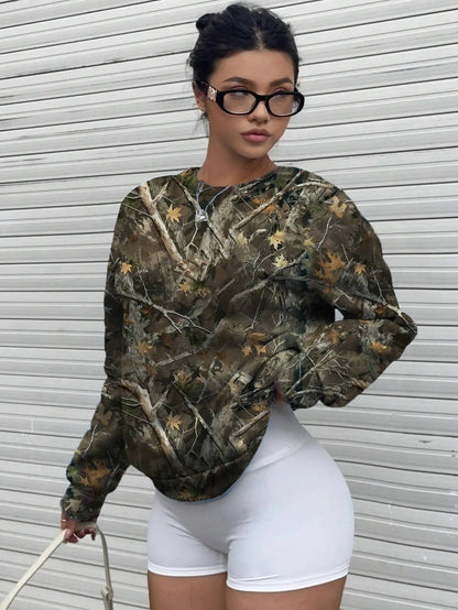 Women's Camo Print Long Sleeve Crewneck Sweatshirt