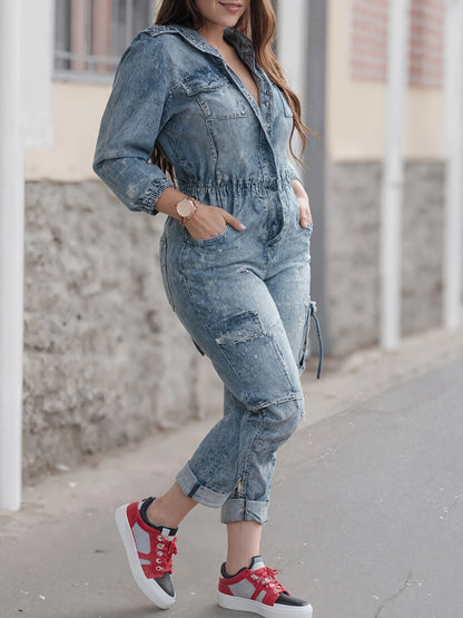 Tight Fitting Denim Workwear, Long Sleeved Jumpsuit