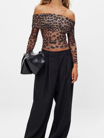 Women s Leopard Print Off Shoulder Mesh Top with Ruched Detailing and  Fit Long Sleeve Blouse