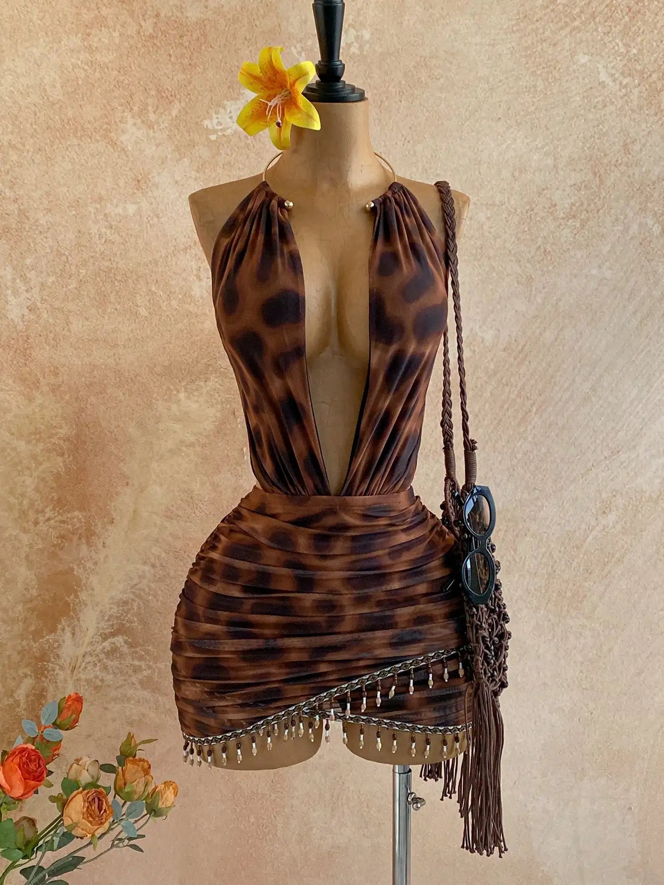 Boho Sun Print Halter Neck Mini Dress