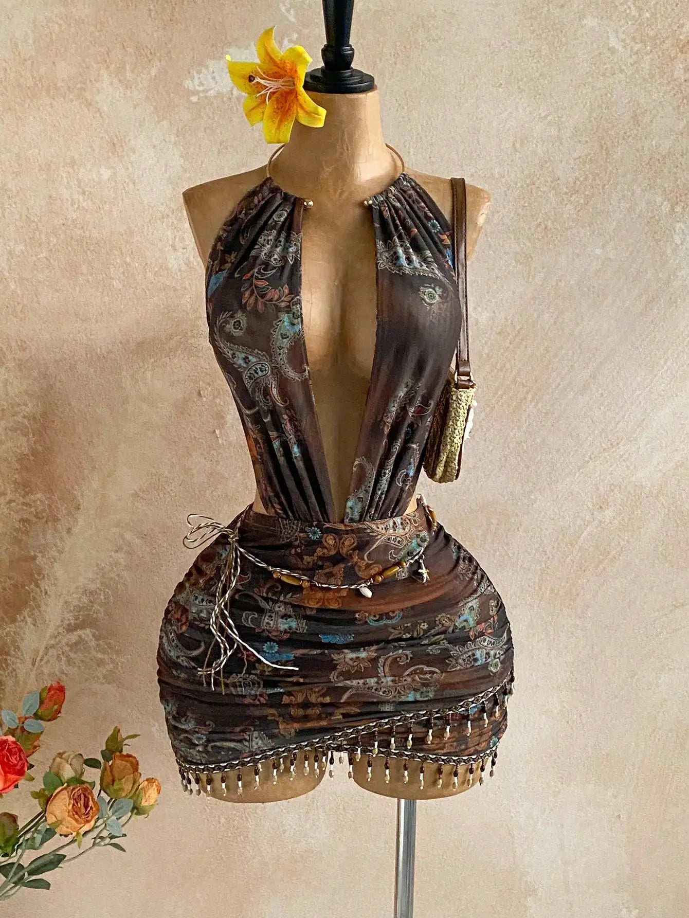 Boho Sun Print Halter Neck Mini Dress