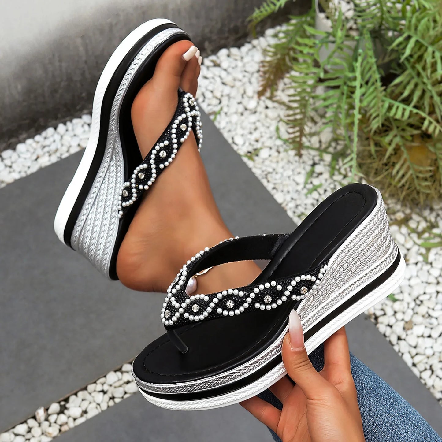 Women'S High Heel Wedge Sandals Platform Fashionable Flip Flops Decoration Rhinestones Popular Among Girls Bohemian Slippers