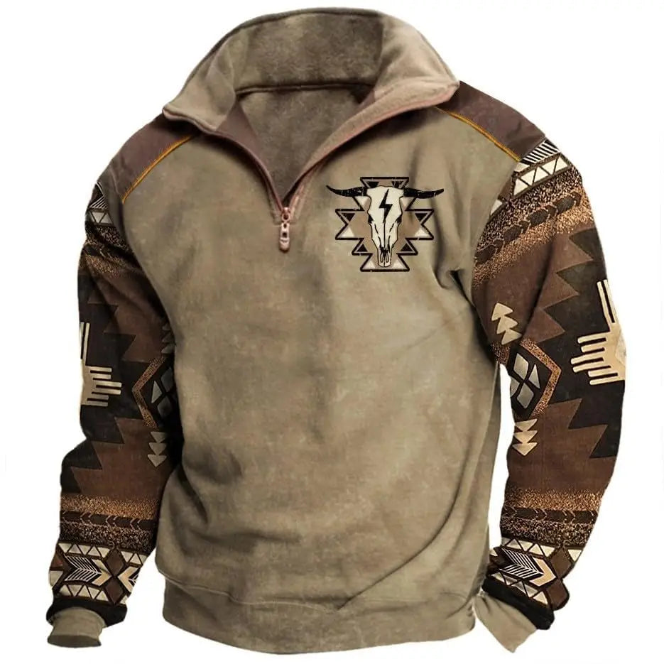 Aztec Cowboy Mens Hoodie Vintage Graphic Western Hoodies for Men Casual Long Sleeve Half Zip Pullover with Pocket Menswear Styli