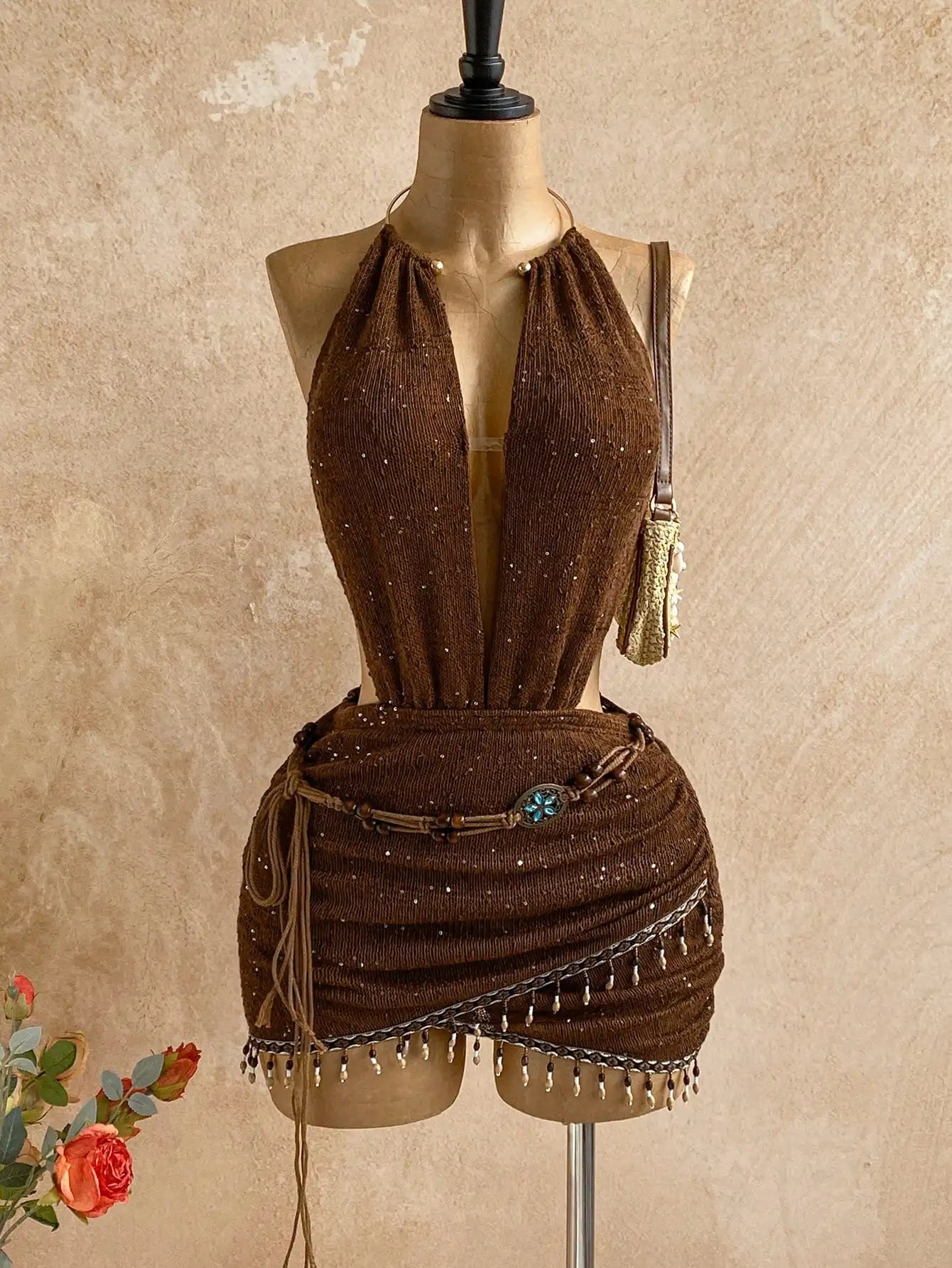 Boho Sun Print Halter Neck Mini Dress