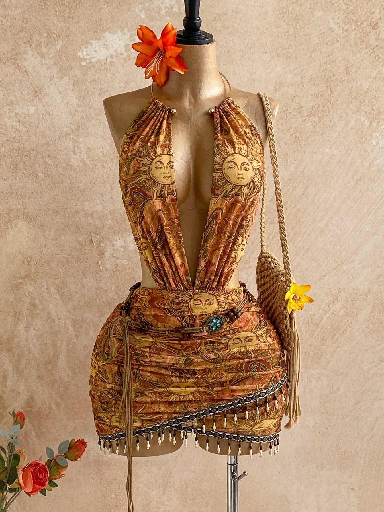 Boho Sun Print Halter Neck Mini Dress