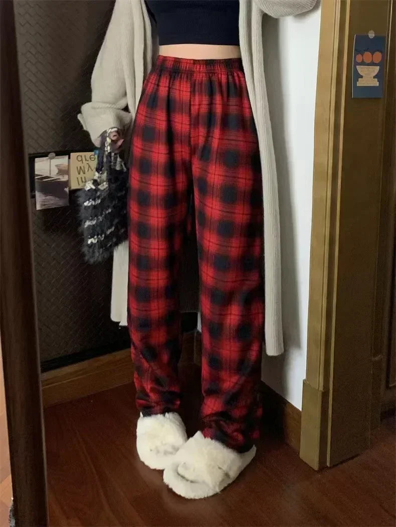 Fashion Warm Plush Pants Cashmere Thick Plaid Ladies Winter Casual