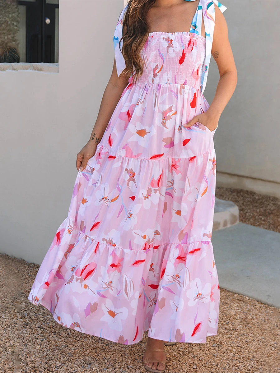 Women s Boho V-Neck Maxi Dress with Ruffle Hem