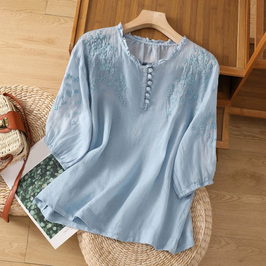 Shirts for Women Women's 3/4 Sleeved Embroidered Cotton And Linen Artistic Retro Top Bubble Sleeve Oversize Loose Versatile Tops