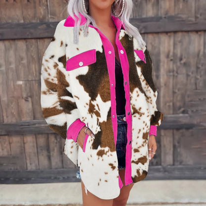 Winter Plush Coat For Women Patchwork Cow Stripe Printed Lapel Neck Full Zip Long Sleeve Casual Warm Coats Loose Jackets