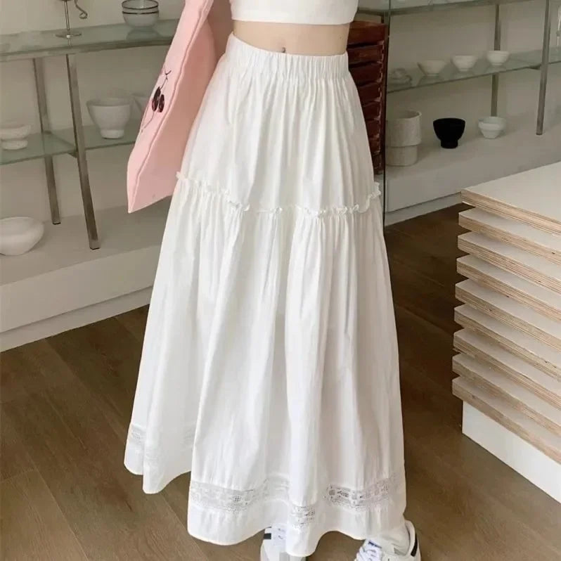 White Lace Splicing High Waist Elastic A- Line Midi Skirt