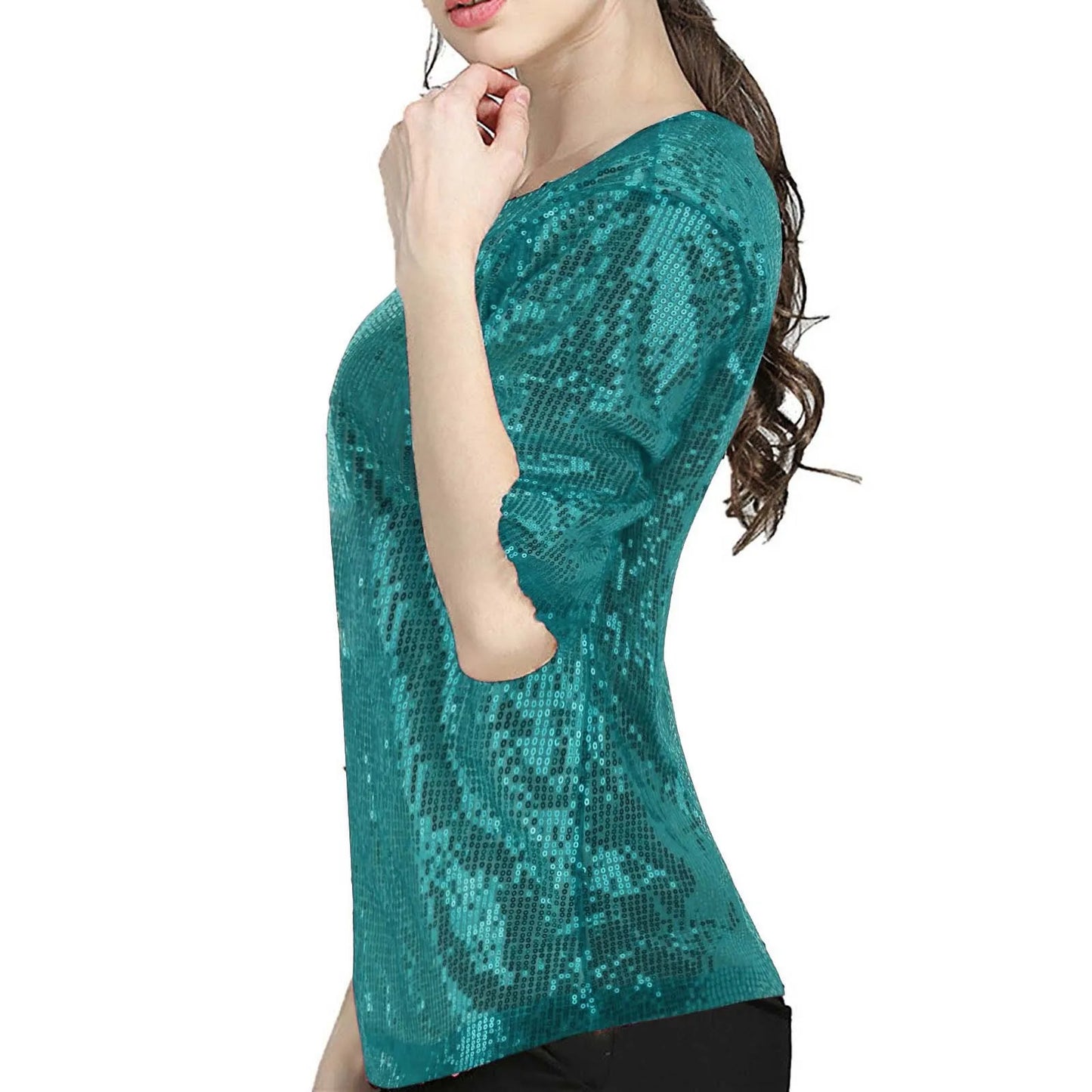 Women's Sequins T Shirts Solid Color Round Neck Shirts Short Sleeve Sparking Blouse Ladies Fashion Casual Party Nightclub Tops