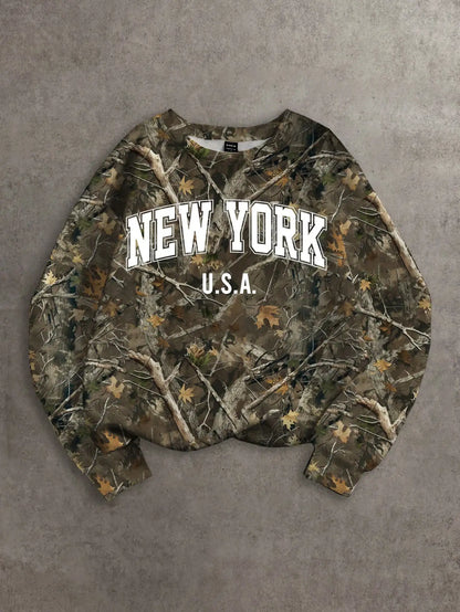 Women's Camo Print Long Sleeve Crewneck Sweatshirt