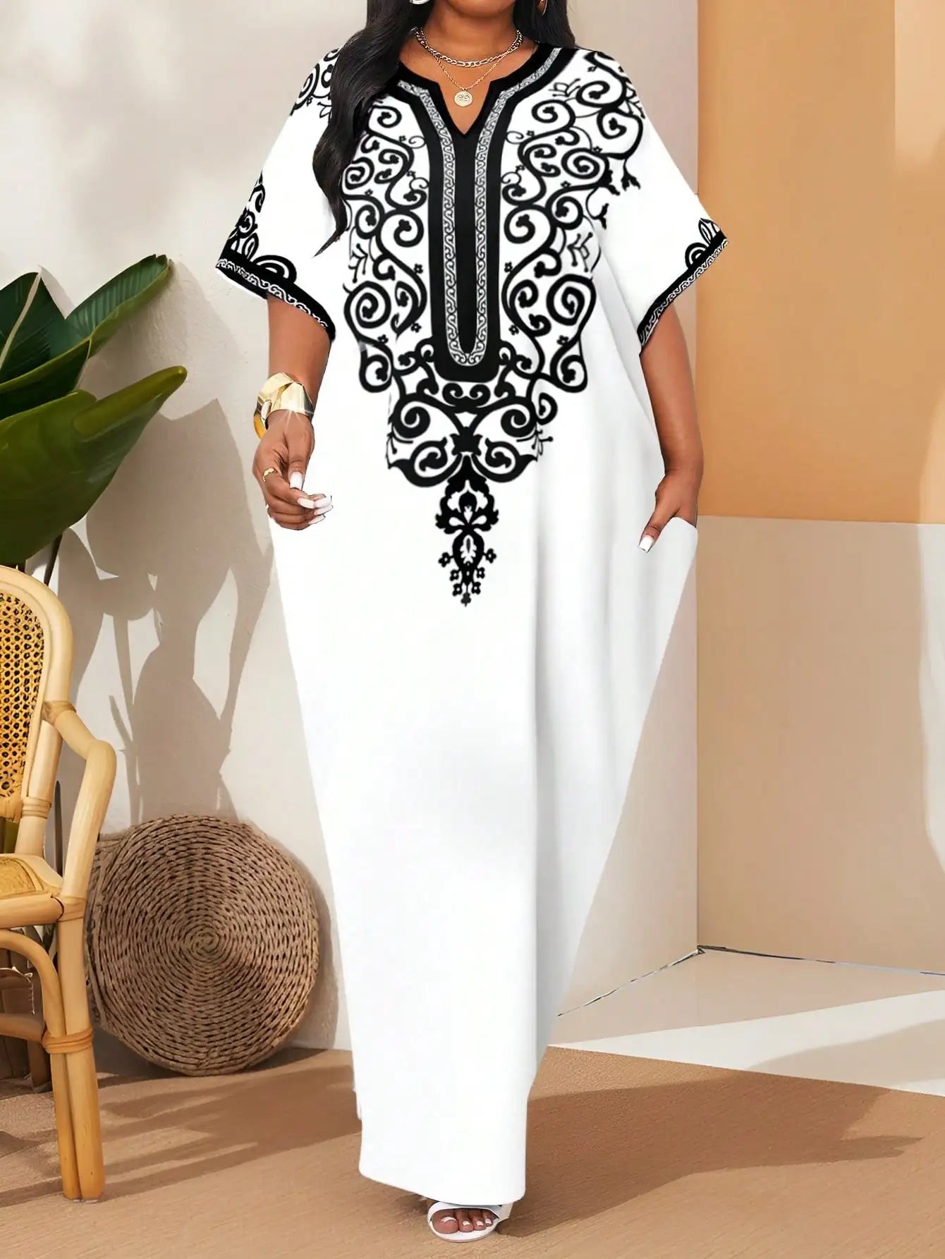 Women's White Kaftan Dress with Black Embroidery