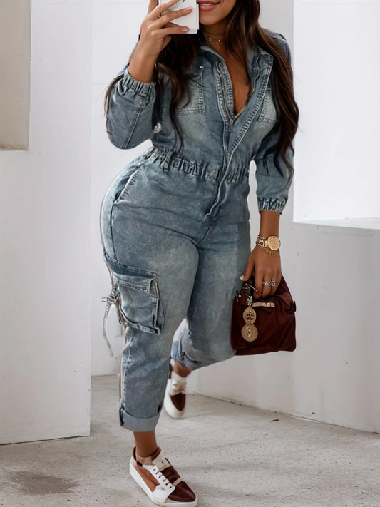 Tight Fitting Denim Workwear, Long Sleeved Jumpsuit