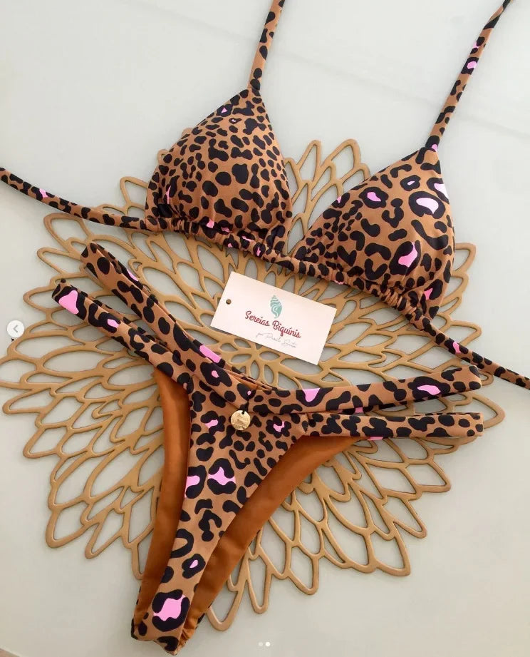 Print Sexy Bikini Sets Halter Lace-up Tops Thongs