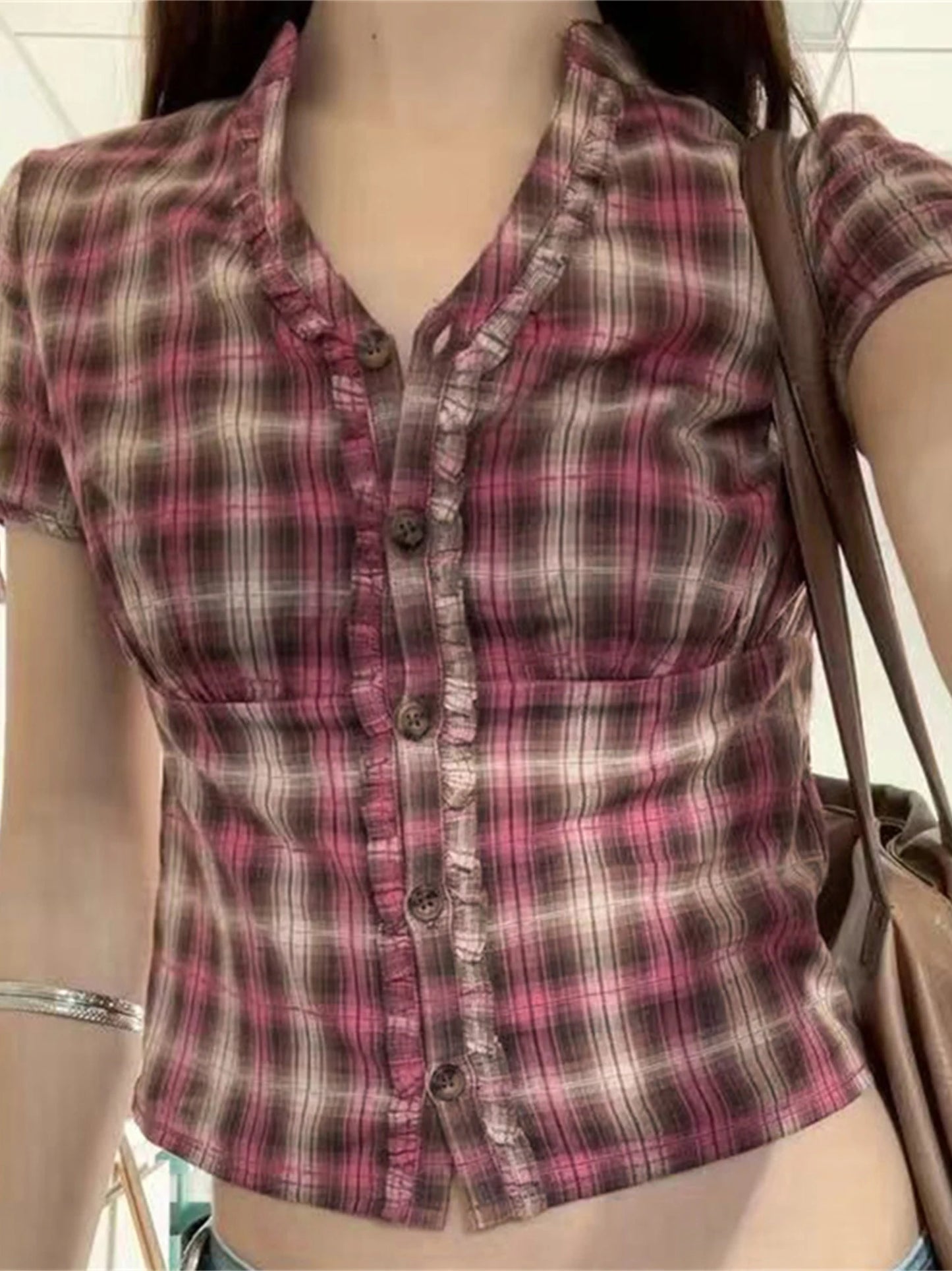 Plaid Print Shirts Short Sleeve V Neck